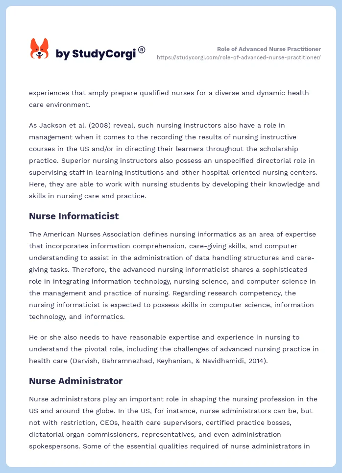 Role of Advanced Nurse Practitioner. Page 2