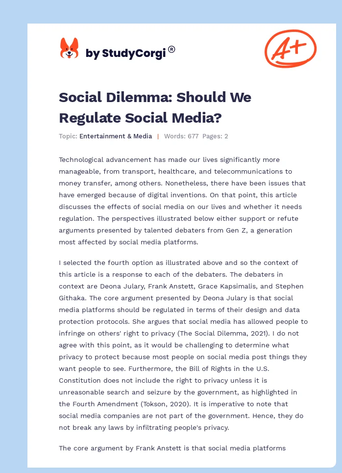 Social Dilemma: Should We Regulate Social Media?. Page 1