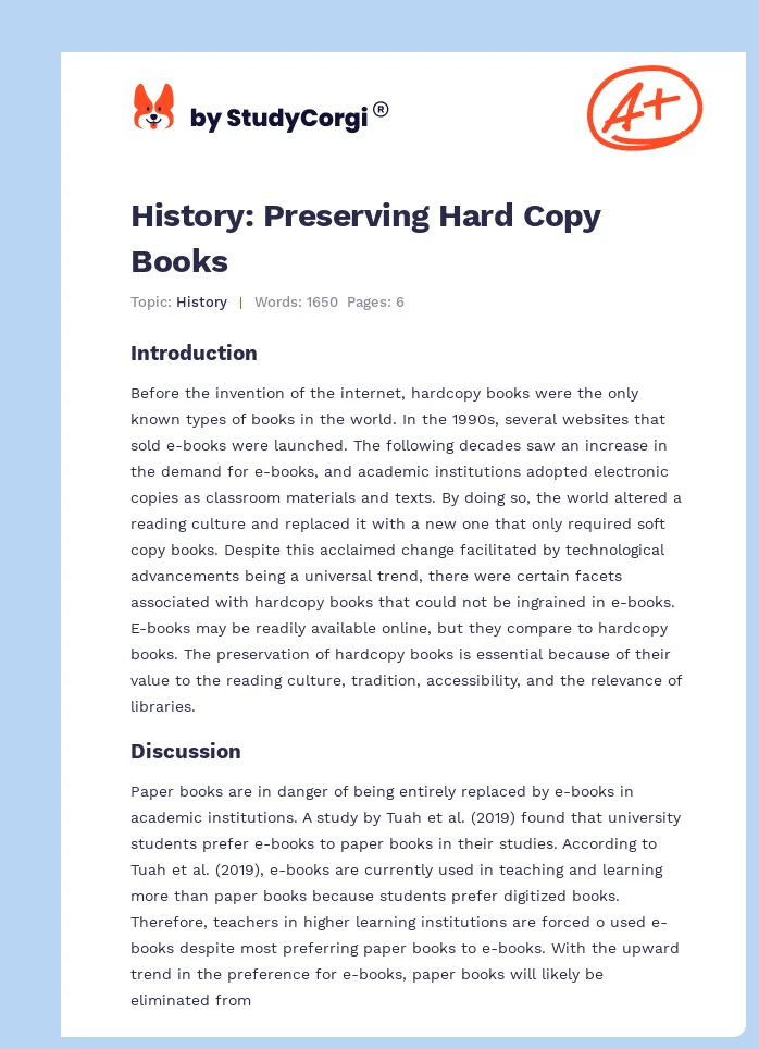 History: Preserving Hard Copy Books. Page 1