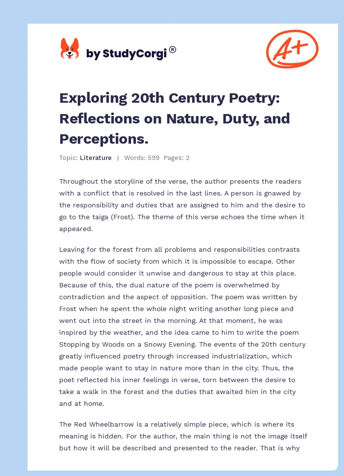 Exploring 20th Century Poetry: Reflections on Nature, Duty, and Perceptions.. Page 1