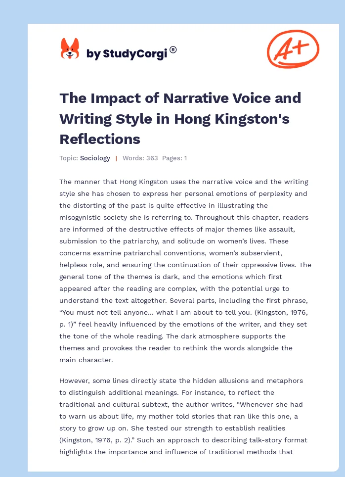 The Impact of Narrative Voice and Writing Style in Hong Kingston's Reflections. Page 1