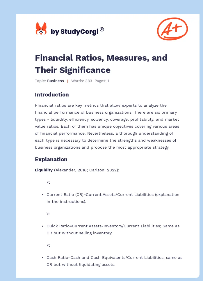 Financial Ratios, Measures, and Their Significance. Page 1