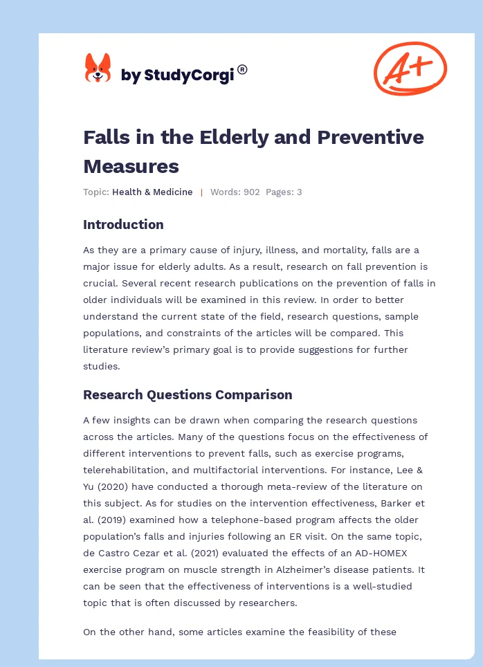 Falls in the Elderly and Preventive Measures. Page 1