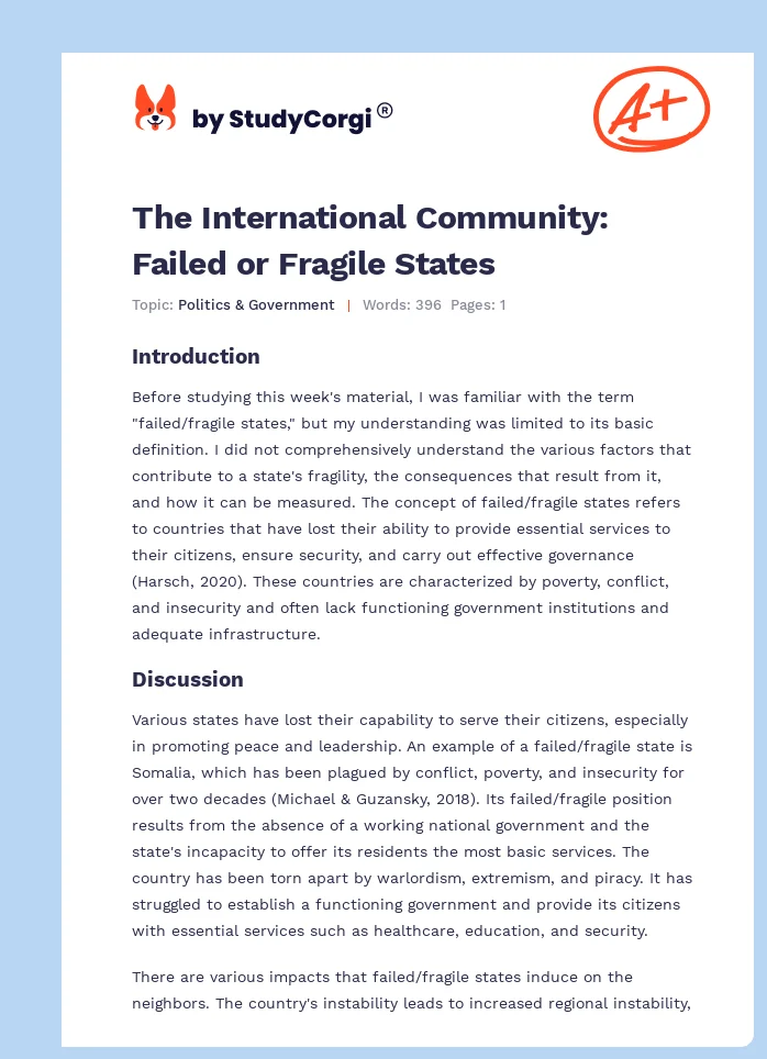 The International Community: Failed or Fragile States. Page 1
