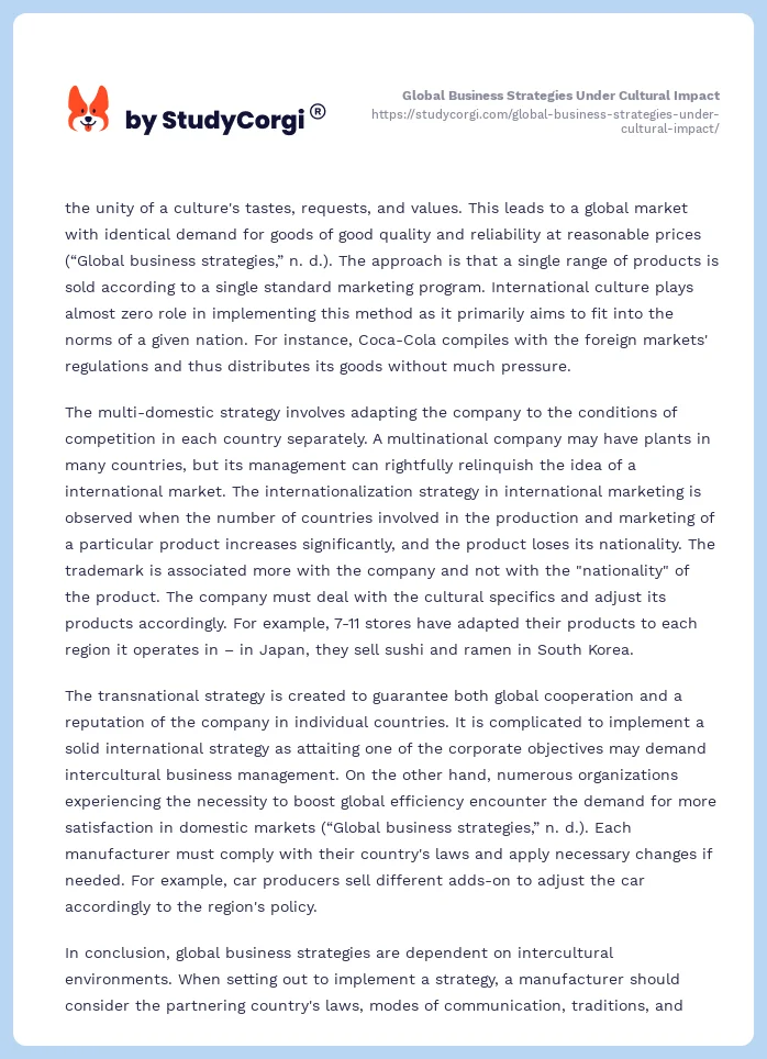 Global Business Strategies Under Cultural Impact. Page 2