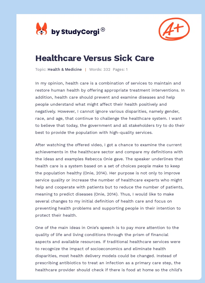 Healthcare Versus Sick Care. Page 1