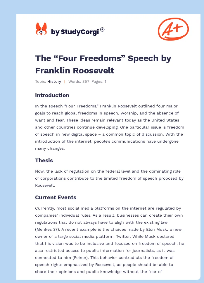The “Four Freedoms” Speech by Franklin Roosevelt. Page 1