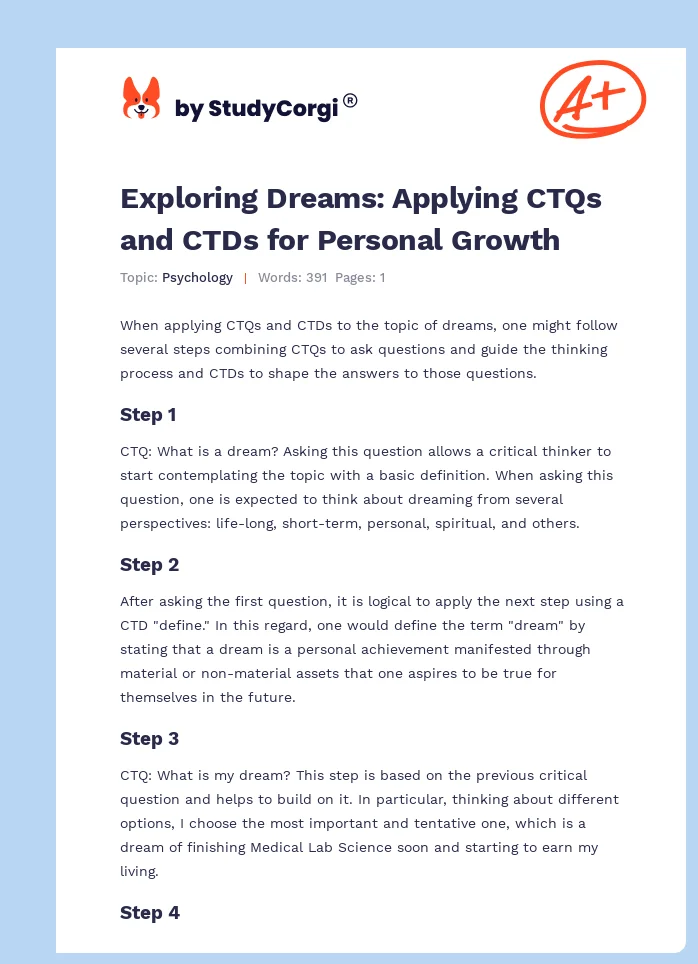 Exploring Dreams: Applying CTQs and CTDs for Personal Growth. Page 1