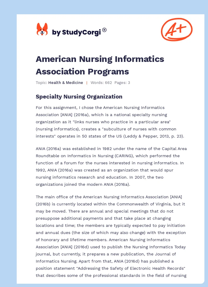 American Nursing Informatics Association Programs. Page 1
