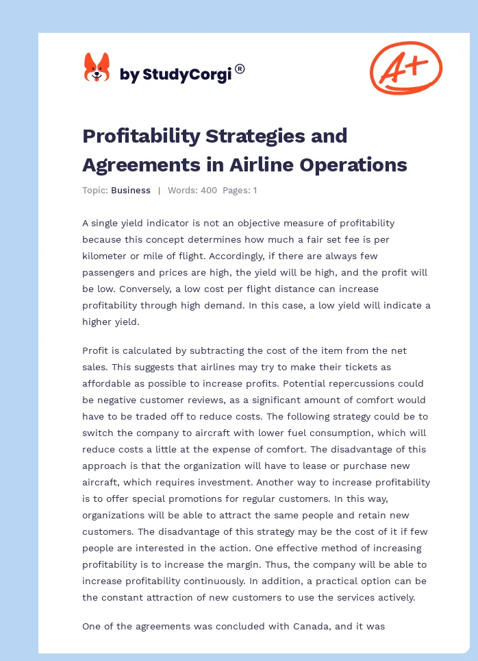 Profitability Strategies and Agreements in Airline Operations. Page 1