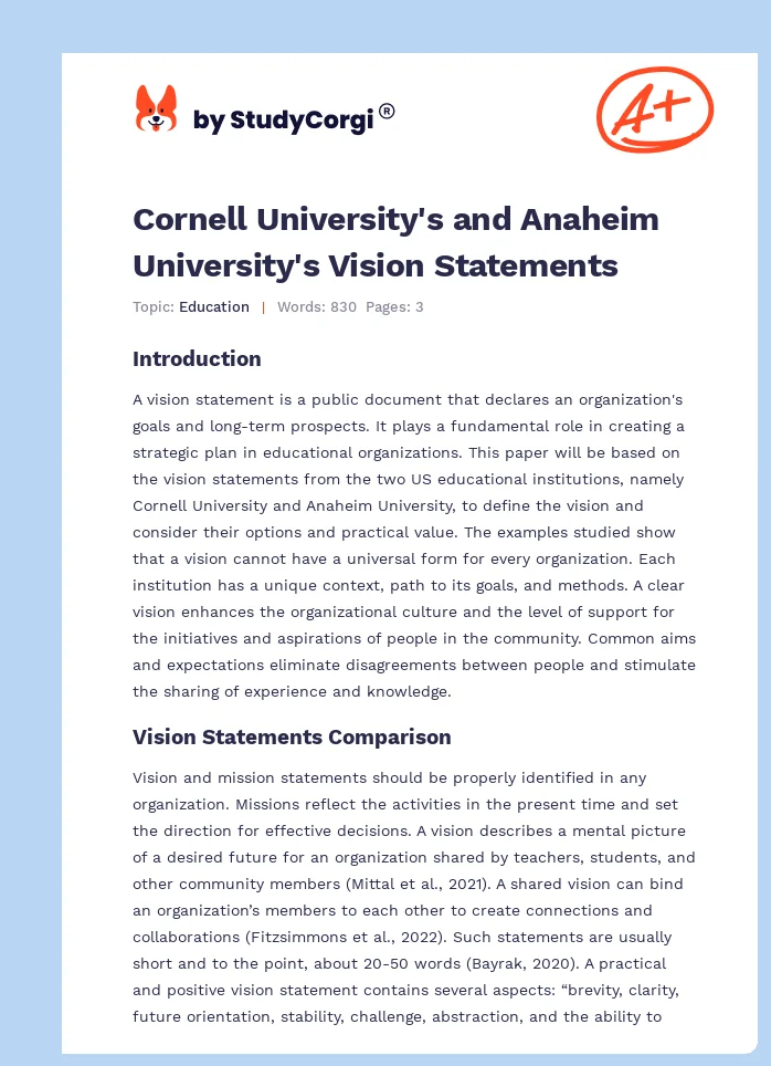 Cornell University's and Anaheim University's Vision Statements. Page 1