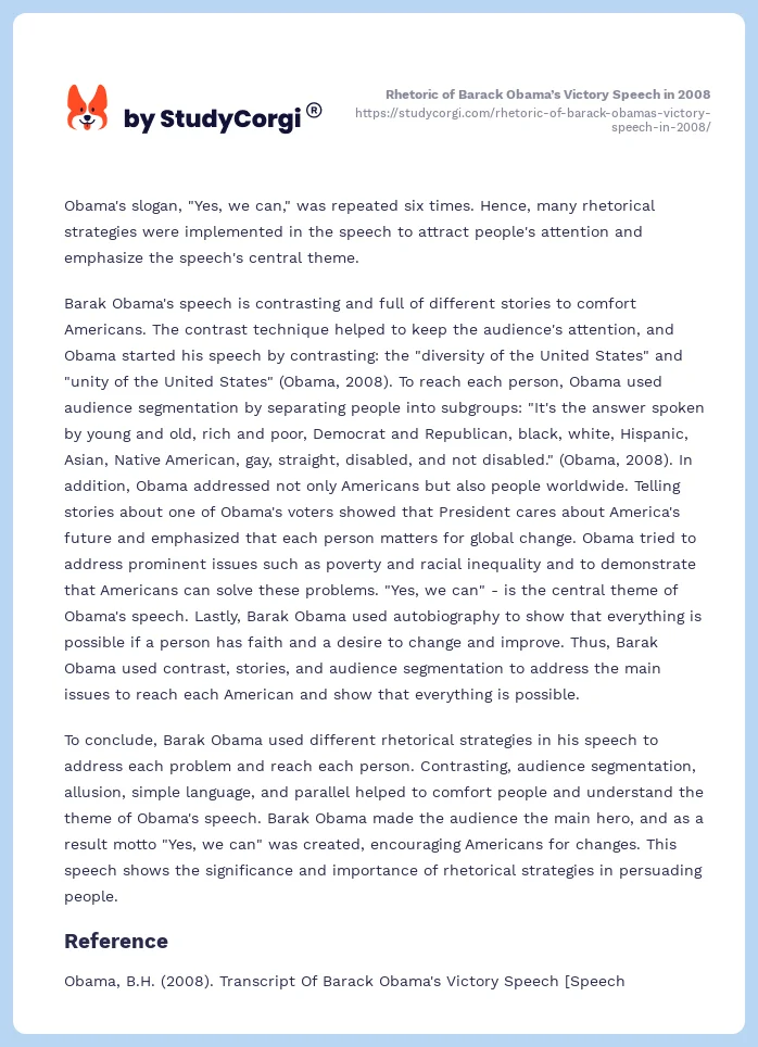 Rhetoric of Barack Obama’s Victory Speech in 2008. Page 2