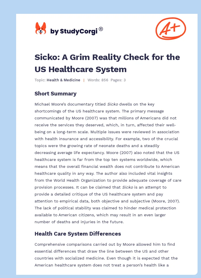 Sicko: A Grim Reality Check for the US Healthcare System. Page 1