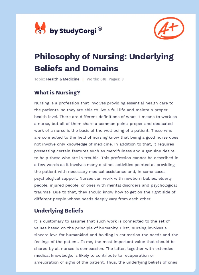 Philosophy of Nursing: Underlying Beliefs and Domains. Page 1