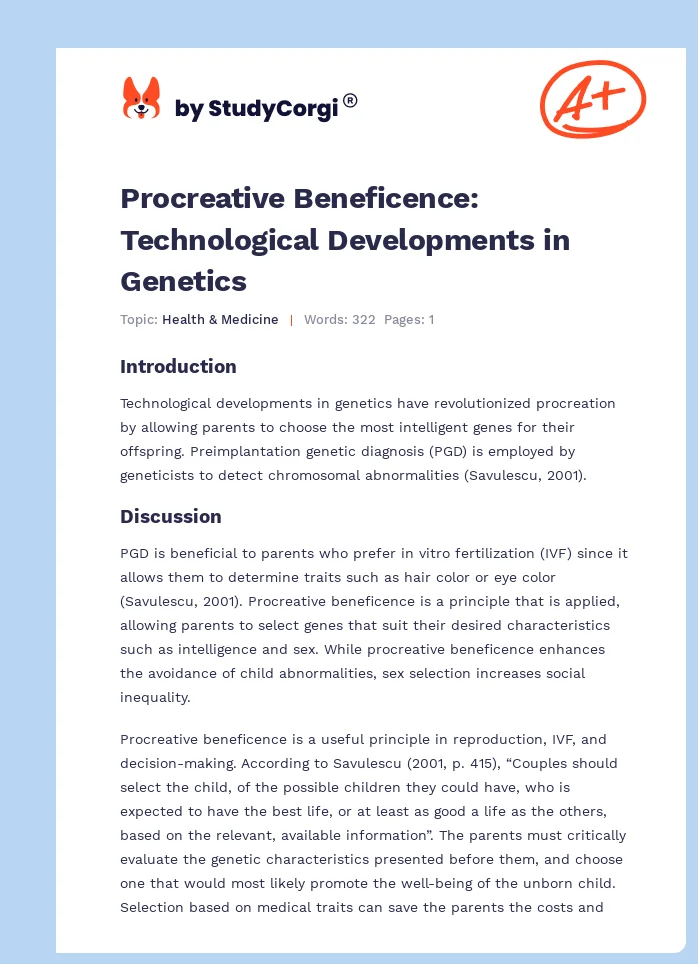 Procreative Beneficence: Technological Developments in Genetics. Page 1