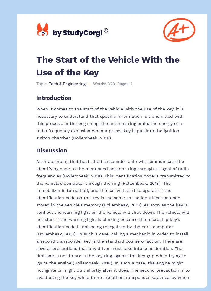 The Start of the Vehicle With the Use of the Key. Page 1