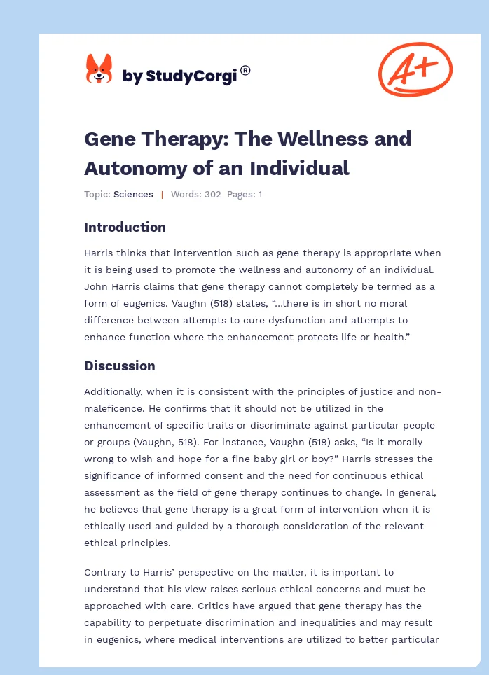 Gene Therapy: The Wellness and Autonomy of an Individual. Page 1