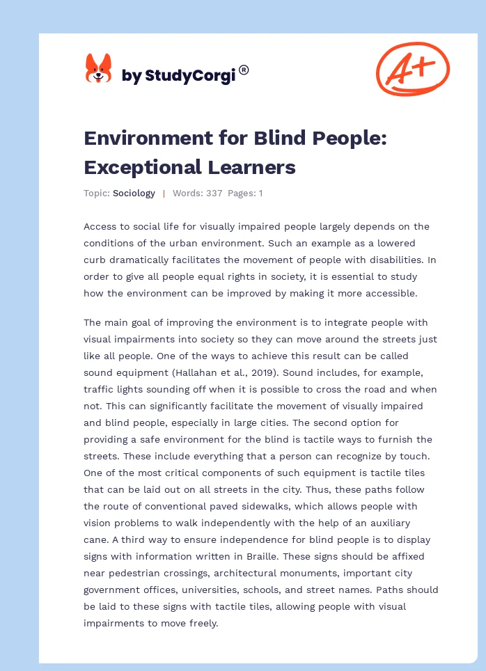 Environment for Blind People: Exceptional Learners. Page 1
