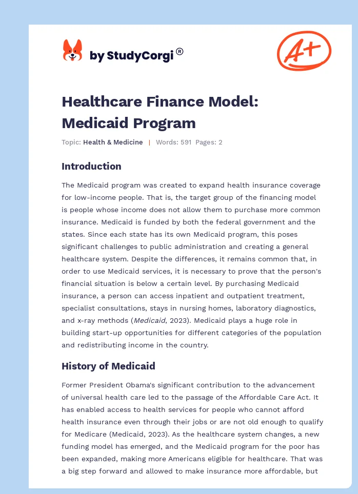 Healthcare Finance Model: Medicaid Program. Page 1