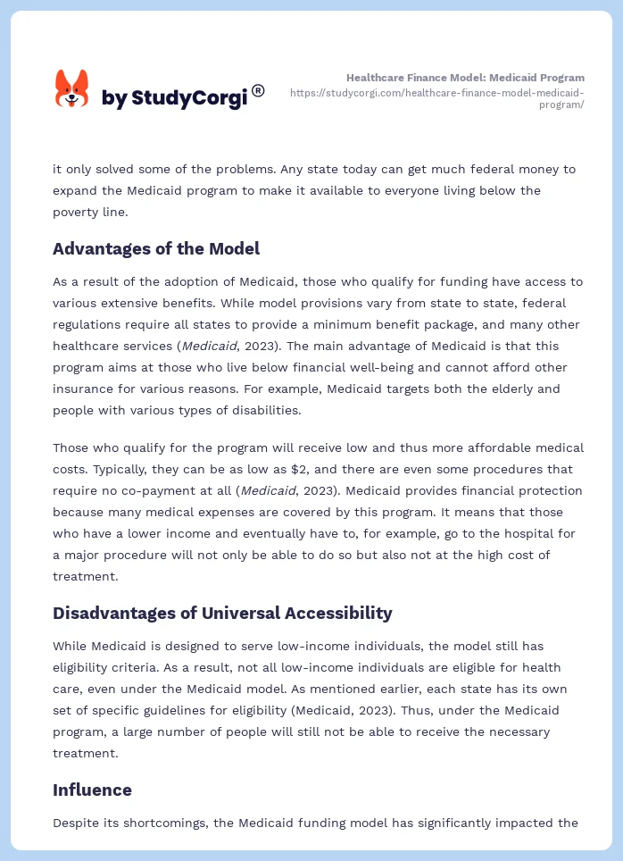 Healthcare Finance Model: Medicaid Program. Page 2
