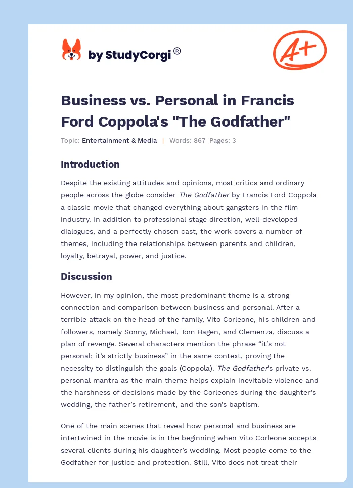 Business vs. Personal in Francis Ford Coppola's "The Godfather". Page 1
