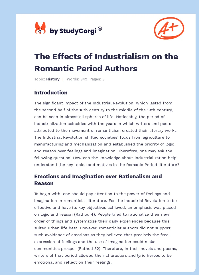 The Effects of Industrialism on the Romantic Period Authors. Page 1