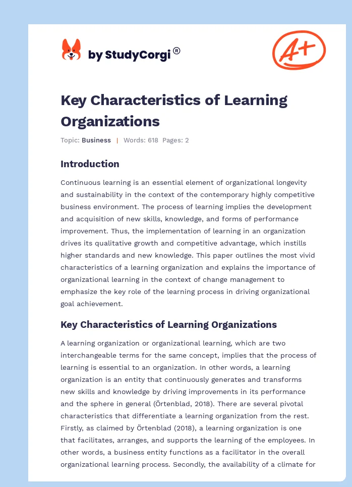 Key Characteristics of Learning Organizations. Page 1