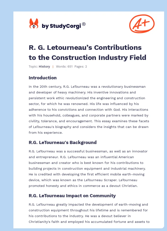 R. G. Letourneau’s Contributions to the Construction Industry Field. Page 1