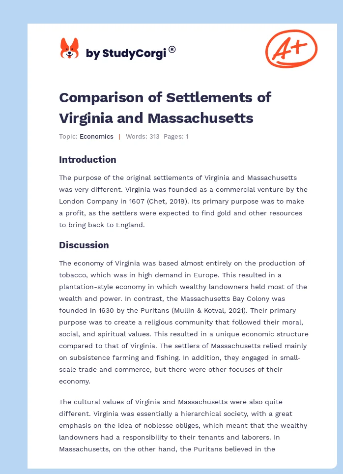 Comparison of Settlements of Virginia and Massachusetts. Page 1