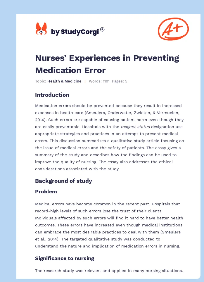 Nurses’ Experiences in Preventing Medication Error. Page 1