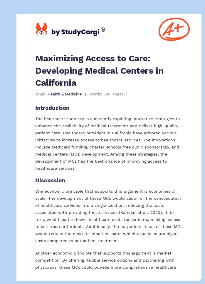 Maximizing Access to Care: Developing Medical Centers in California. Page 1