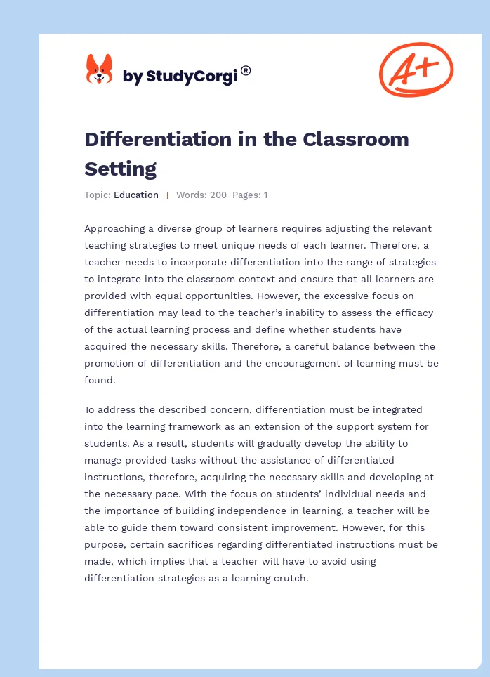 Differentiation in the Classroom Setting. Page 1
