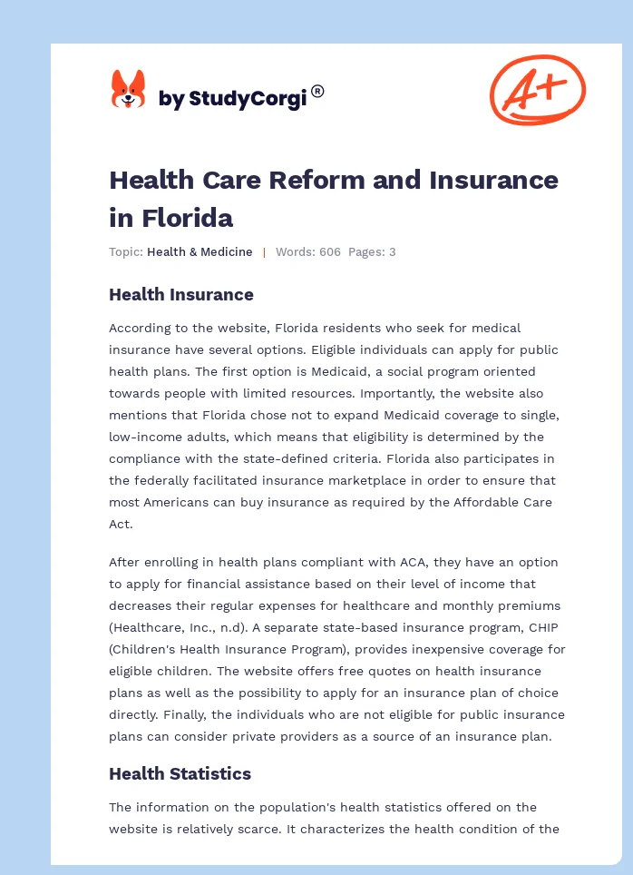 Health Care Reform and Insurance in Florida. Page 1