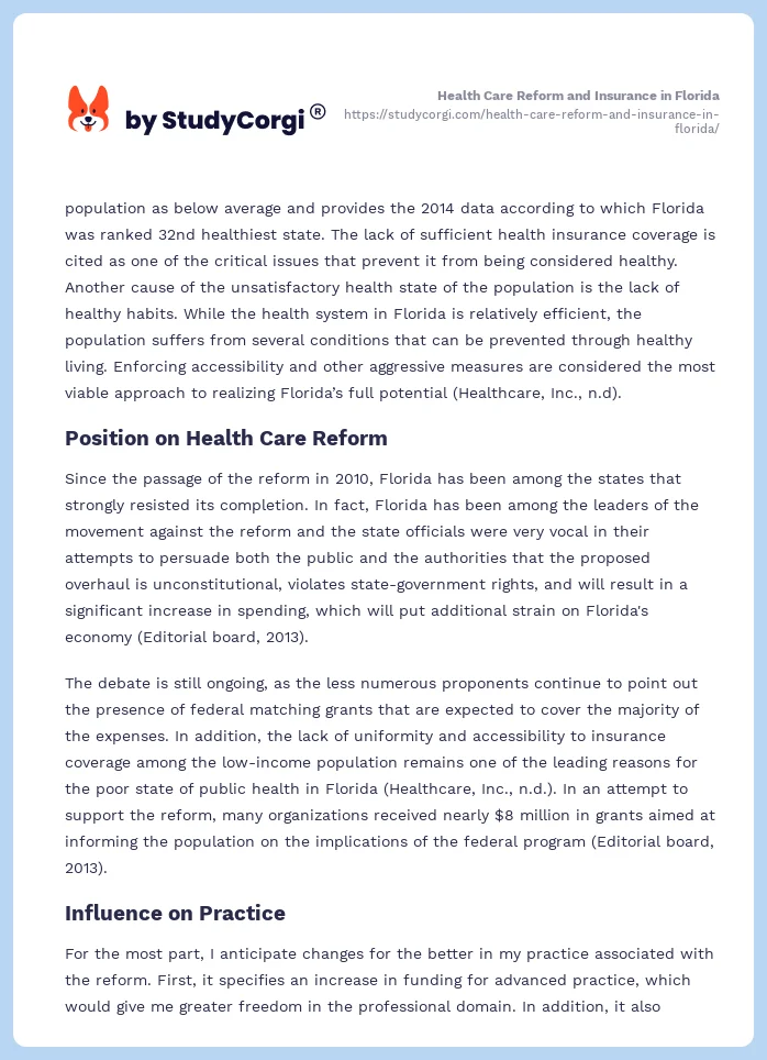 Health Care Reform and Insurance in Florida. Page 2