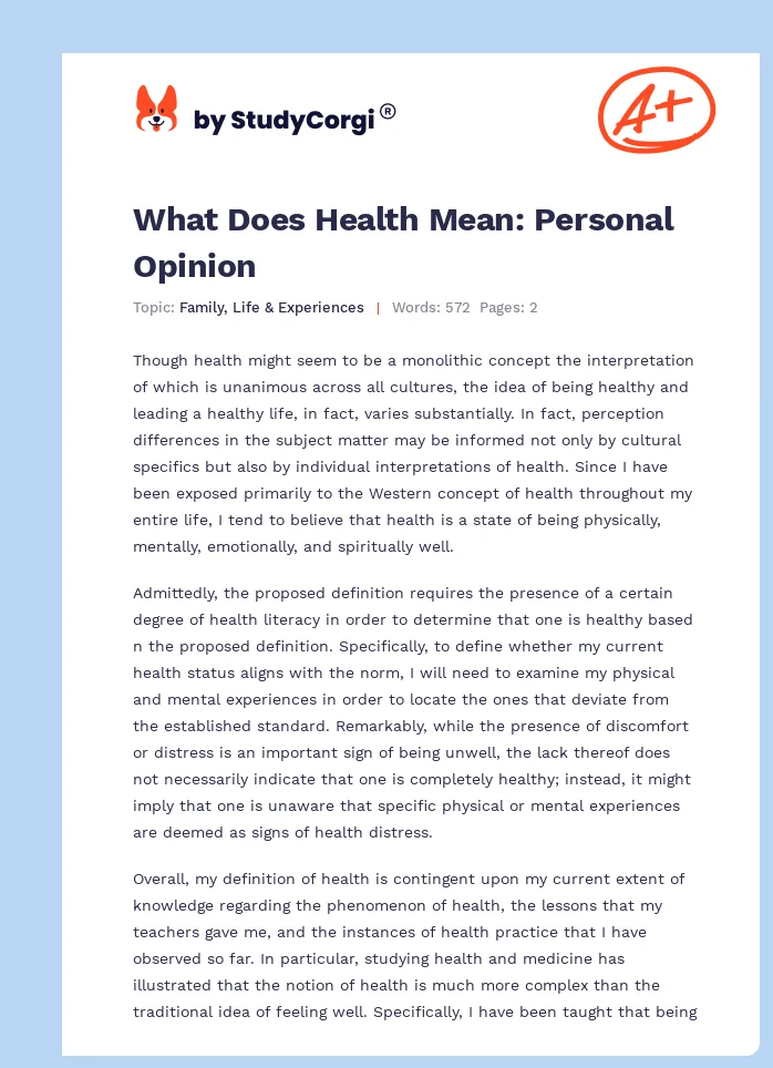 What Does Health Mean: Personal Opinion. Page 1