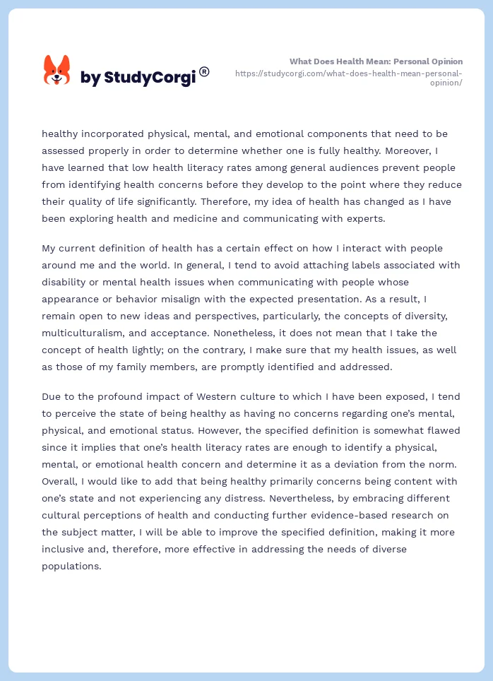 What Does Health Mean: Personal Opinion. Page 2