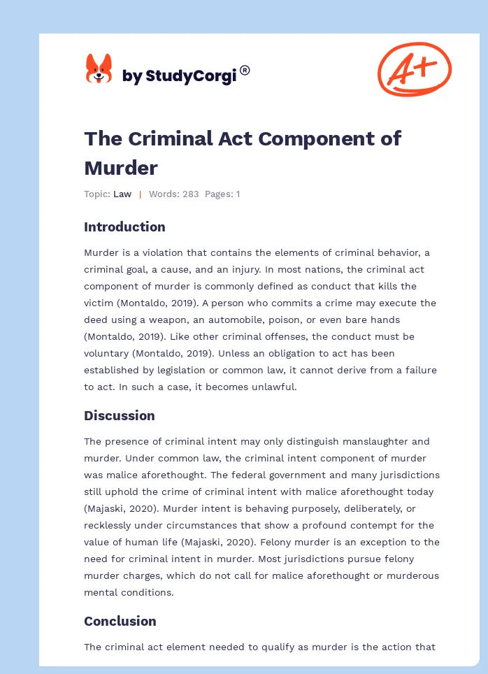 The Criminal Act Component of Murder. Page 1