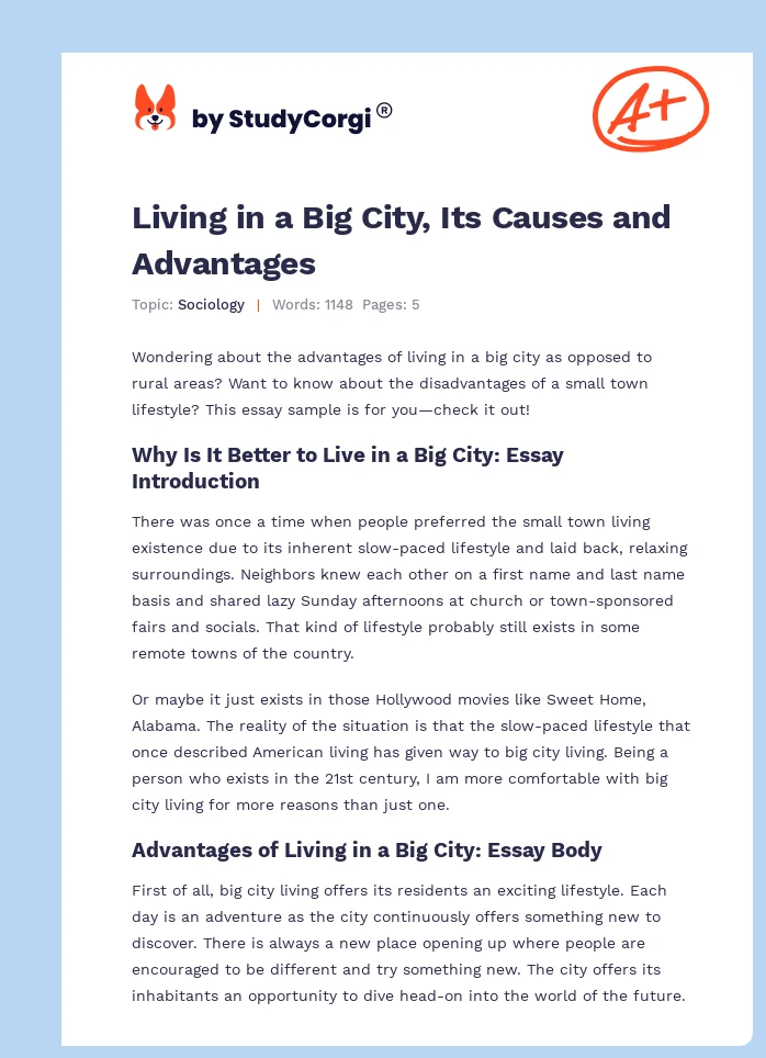 Living in a Big City, Its Causes and Advantages. Page 1