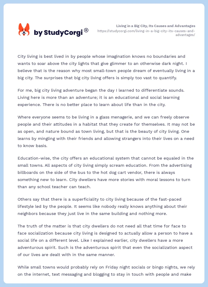 Living in a Big City, Its Causes and Advantages. Page 2