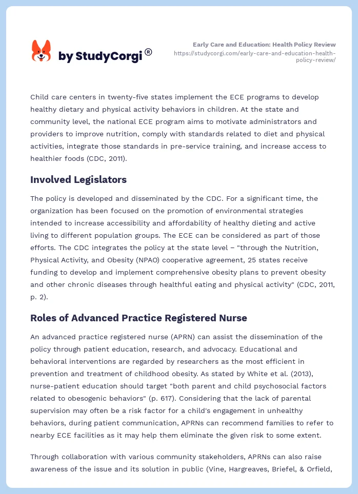 Early Care and Education: Health Policy Review. Page 2