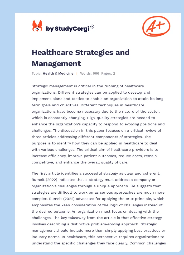 Healthcare Strategies and Management. Page 1