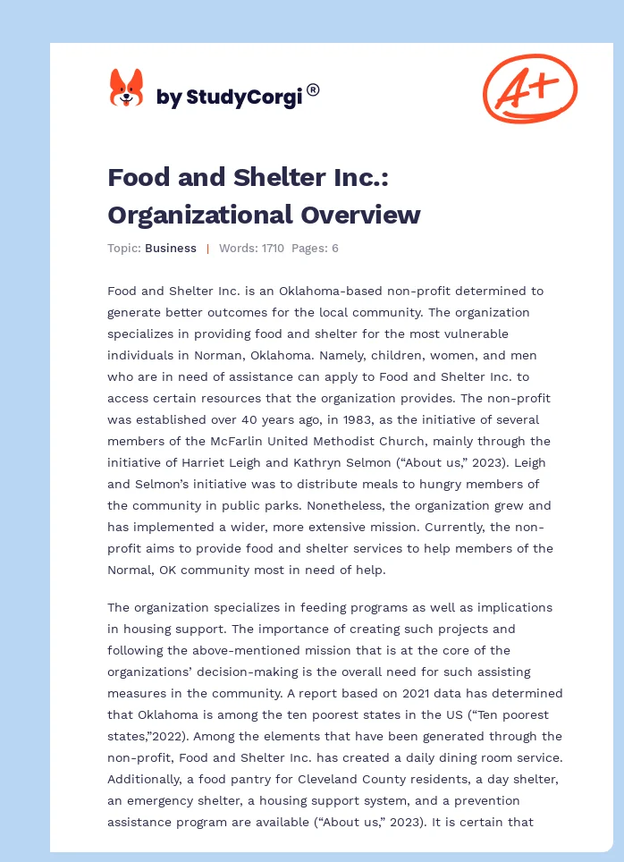 Food and Shelter Inc.: Organizational Overview. Page 1