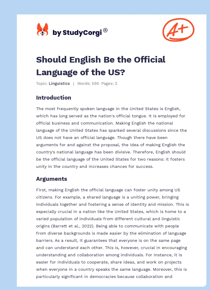 Should English Be the Official Language of the US?. Page 1