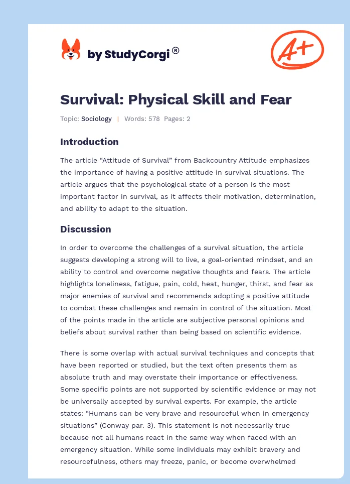 Survival: Physical Skill and Fear. Page 1