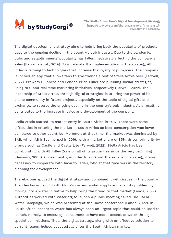 The Stella Artois Firm's Digital Development Strategy. Page 2