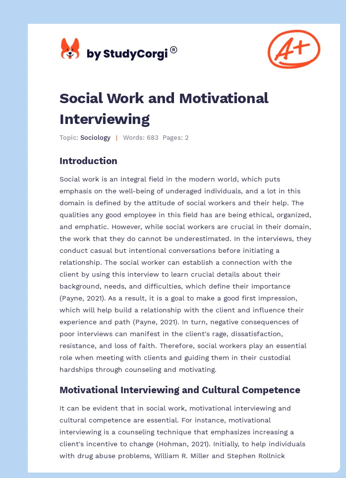 Social Work and Motivational Interviewing | Free Essay Example