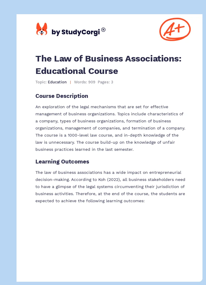 The Law of Business Associations: Educational Course. Page 1