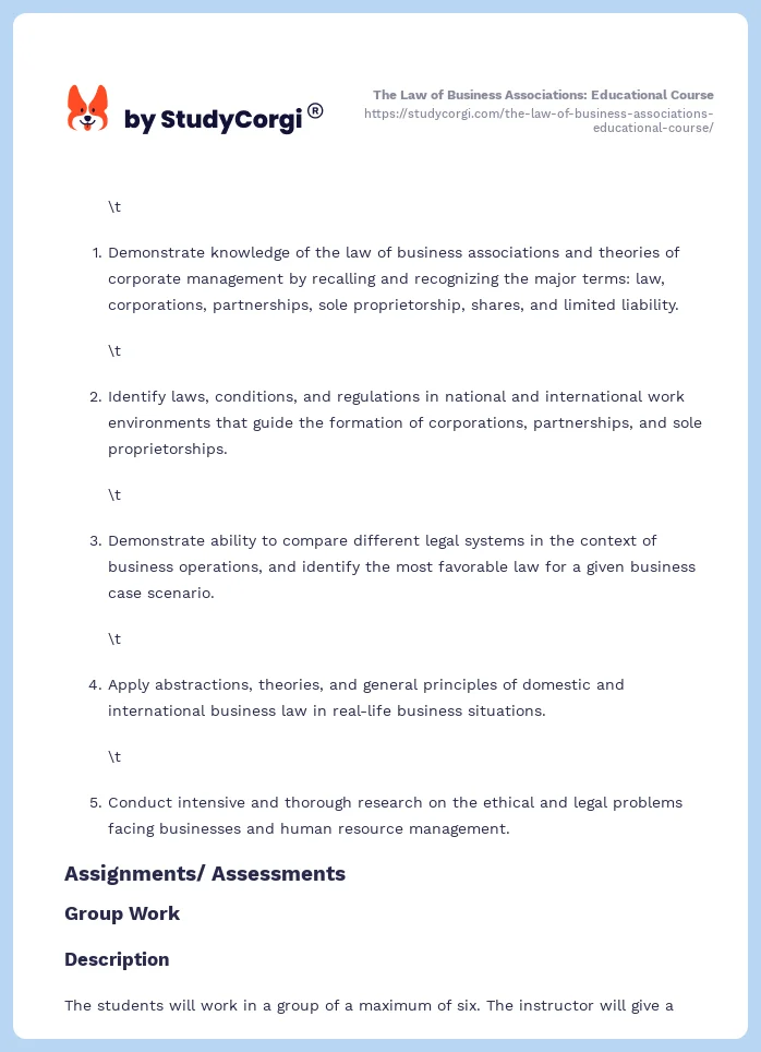 The Law of Business Associations: Educational Course. Page 2