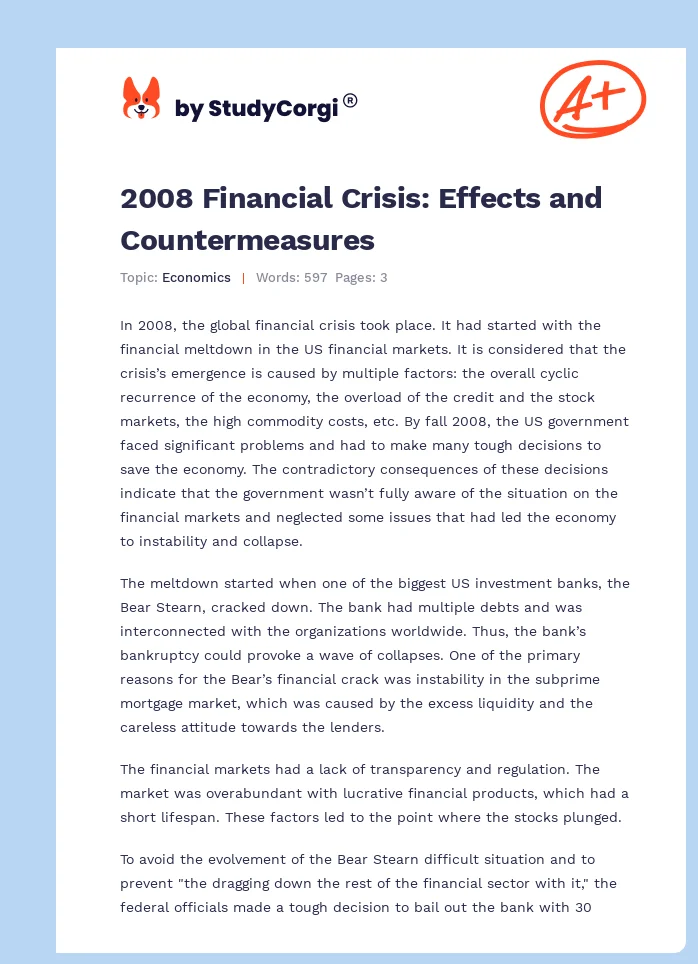 2008 Financial Crisis: Effects and Countermeasures. Page 1