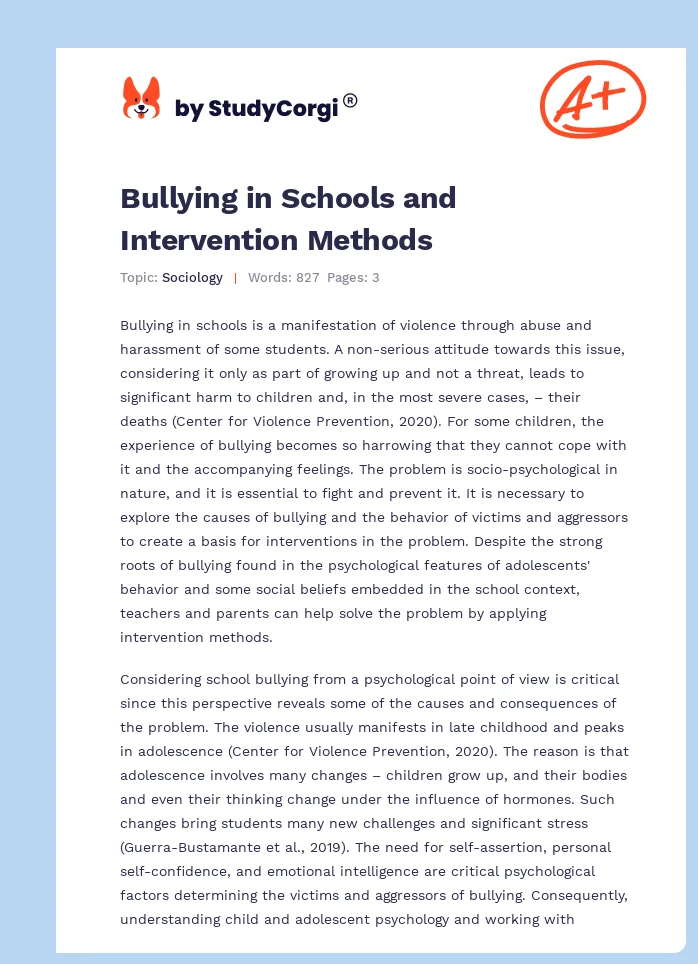 Bullying in Schools and Intervention Methods. Page 1